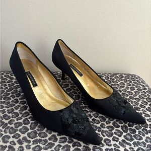 Caparros Black Satin Sequined Kitten Heels